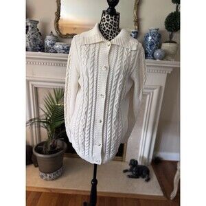 L.L. Bean Cable Knit Sweater Long cardigan Ivory Fisherman XL Shawl Collar